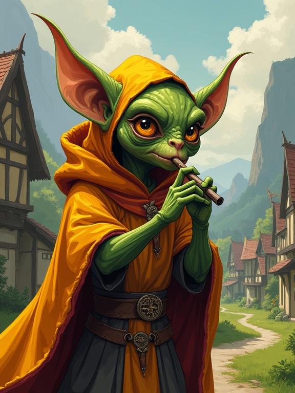 Goblin bard in a bright cloak playing a flute. Face with rough stylization. Large circular eyes and thick black outlines. Background features a village with flat design houses. Artistic style reflects fantasy themes similar to D&D.