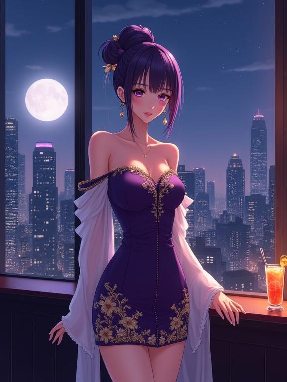 A stunning lady stands gracefully in front of a large window looking out over a city skyline. She wears an off-the-shoulder dark violet gown with gold embroidery. Delicate white sleeves add movement. Her elaborate updo is adorned with gold kanzashi. An orange cocktail rests on the counter nearby. Urban lights twinkle in the background under a half moon.