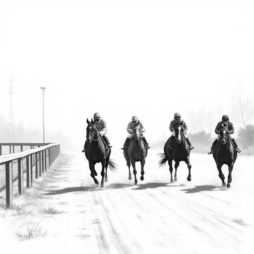 A storyboard in black and white depicting horses on a racetrack. Six horses are shown without any humans. The setting is minimalistic with emphasis on the environment and the horses.
