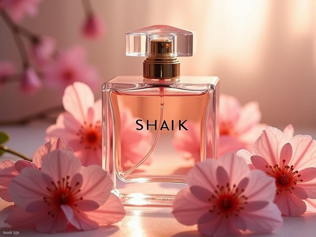 The image features an elegant perfume bottle labeled 'SHAIK' positioned amidst delicate pink flowers. The soft, warm lighting creates an inviting atmosphere, highlighting the gleaming glass of the bottle. The scene conveys a sense of luxury and beauty, making it appealing. The floral elements add a romantic touch to the composition. This close-up shot captures the essence of a premium fragrance, perfect for visual merchandising.