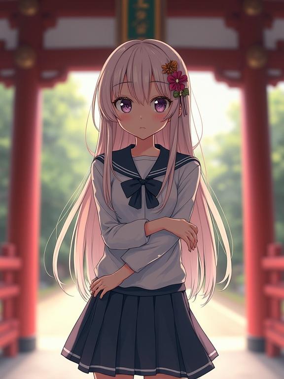 Depicts a young girl standing with a soft expression in a shrine setting. She has long hair adorned with flowers and wears a school uniform. Background features traditional shrine architecture and natural light.