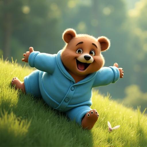 A bear wearing cozy sky blue button pattern pajamas rolls down a lush green hill. The bear's face shows laughter and surprise. Strong focus on expression.