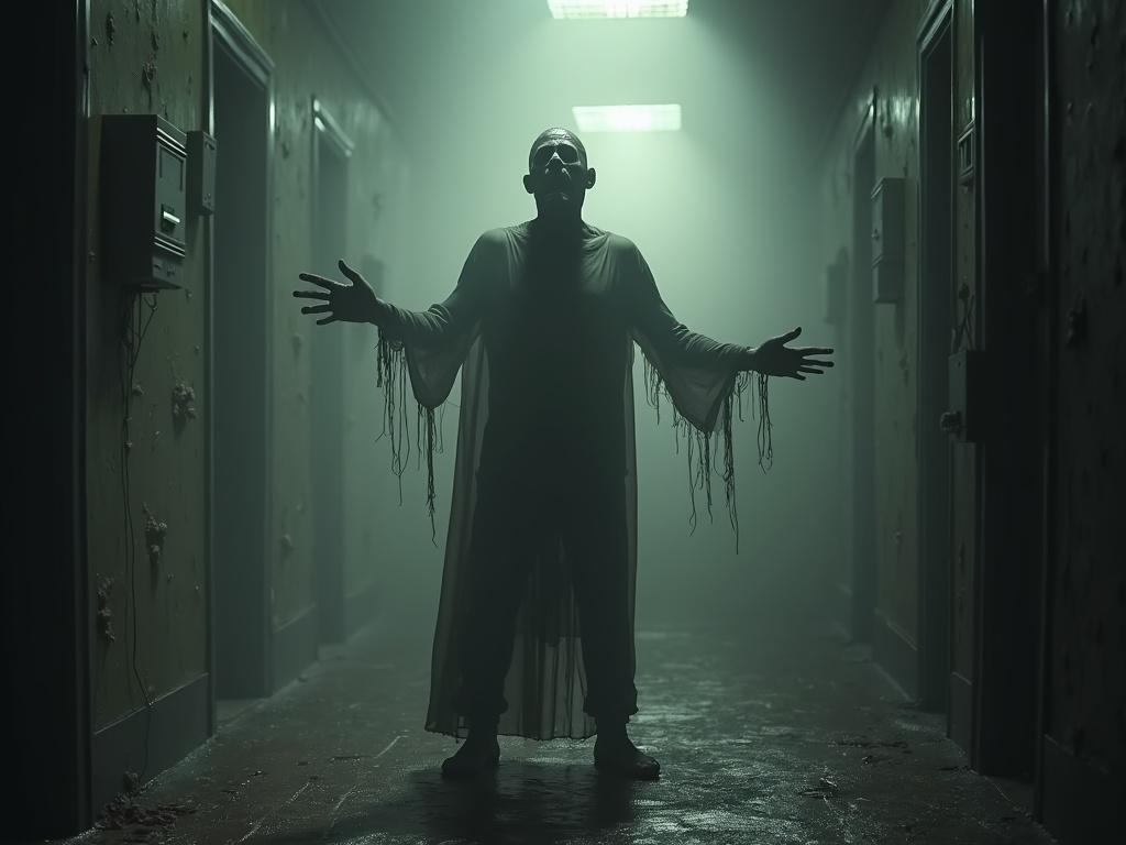A zombie is standing in T-Pose in a dimly lit hallway. The atmosphere is foggy and eerie.