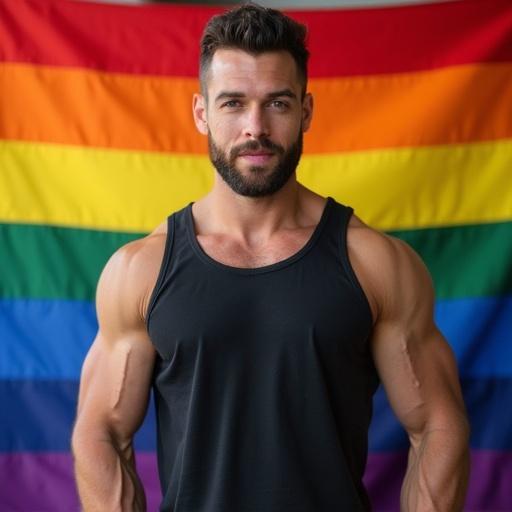 A muscular man posing in front of a rainbow flag. Soft lighting enhances physique. He exudes confidence and strength. The setting embodies pride and fitness culture.