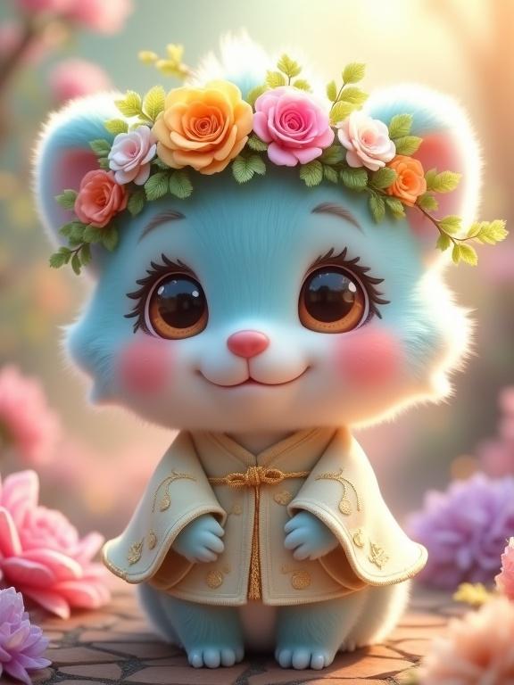 Charming animated character with a pastel blue body. Large expressive eyes. Floral crown of colorful flowers. Cream-colored robe with golden accents. Surrounded by a magical garden.