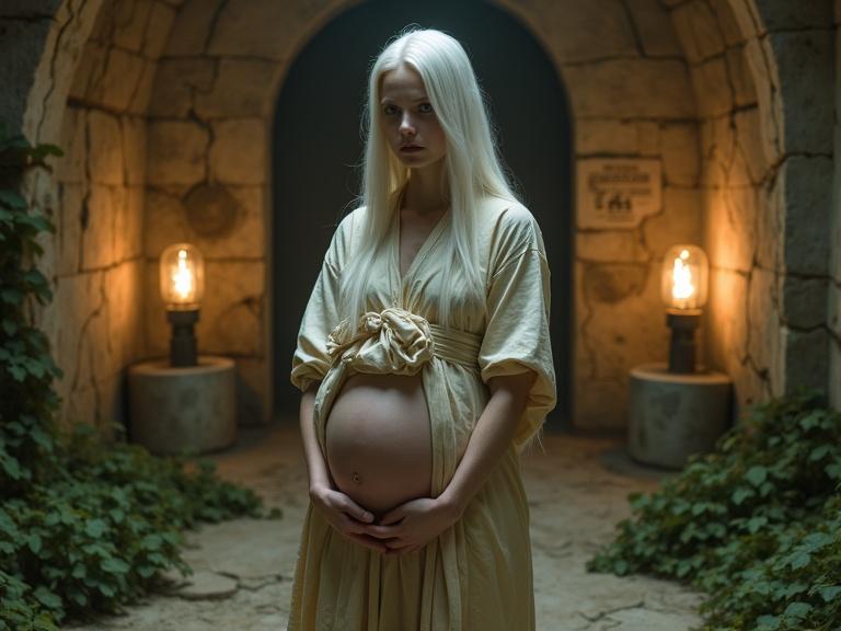 Photorealistic portrait of an albino woman in a ceremonial robe. Standing in a sacred underground shelter with stone walls. Soft, ambient lighting from salvaged lamps illuminates the space with vines and symbols. Folds of fabric drape modestly over her pregnant form. Calm expression evokes serenity. Natural and respectful atmosphere.