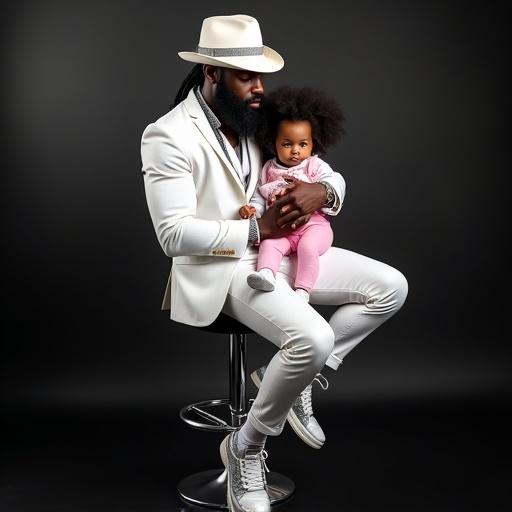 Dramatic studio photo featuring a stylish muscular man with a braided hairstyle. He wears a fitted white shirt and platinum suit. Man sits on a chrome stool holding a black baby girl dressed in pink. Black backdrop with light clouds and reflective floor enhance depth. Overhead lighting highlights the scene.