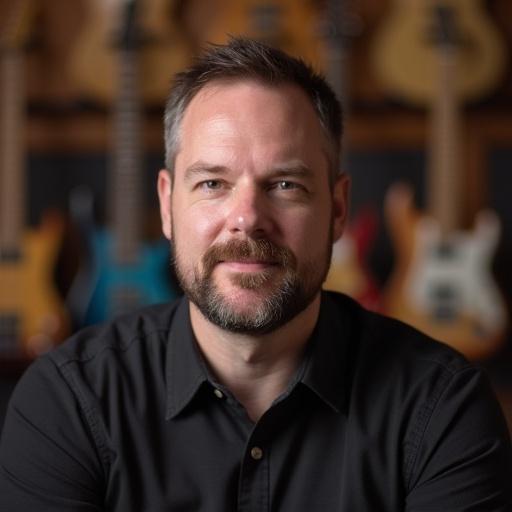 A medium close-up shot of a person, focusing on the upper chest and face, centered in the frame. The background features soft blurred guitars in various colors. The person is engaging and explains music theory or techniques with a warm expression.