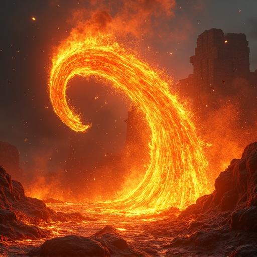 A spectacular lava spell demonstrates vibrant molten lava swirling dynamically. The lava glows intensely, illuminating surrounding space. Magical symbols shimmer nearby. Sparks and heat distortions enhance the scene's raw power. Background features dark volcanic elements or ancient structures, creating a dramatic atmosphere. The composition exhibits motion with elegant curves of lava in mid-air. Highly detailed art style showcases realistic lighting and textures throughout.