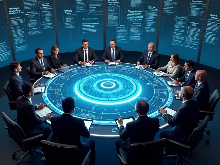 Diverse leaders at circular digital table showcasing AI principles and blockchain decision logs with focus on responsible innovation.
