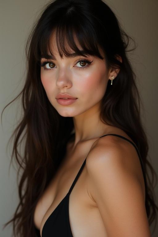 Portrait of a young woman with long dark brown hair. She has dramatic eyeliner and lashes. She is wearing a bikini. The lighting is soft.