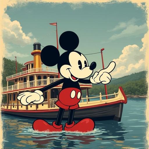 Mickey Mouse stands proudly on the deck of a steamboat. The background features water and green hills. Bright colors create a cheerful scene.