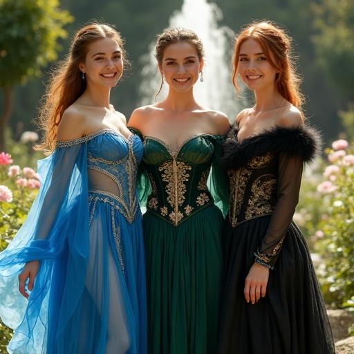 Sunlit medieval garden features blooming flowers and flowing fountains. Three noblewomen stand side by side. Each woman wears distinctive attire showcasing her personality. The first woman in a sapphire blue gown made of silk and chiffon. The second woman in an emerald green velvet gown with golden embroidery. The third woman in a modern edgy black ensemble with leather. Sunlight enhances the contrast among their styles, radiating joy and elegance.