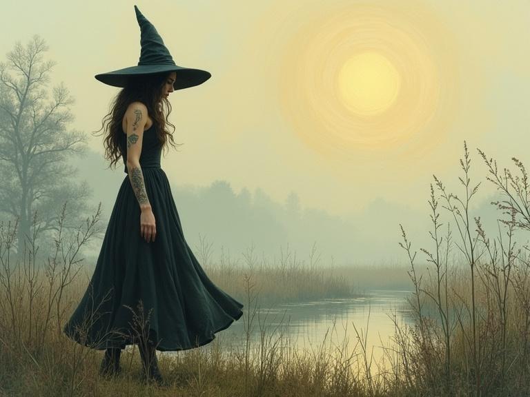 Side view of a pretty witch in a dark dress walking through a marsh in the morning. She has a pointy hat and tattoos. The scene features morning mist and a detailed background with a soft sun.