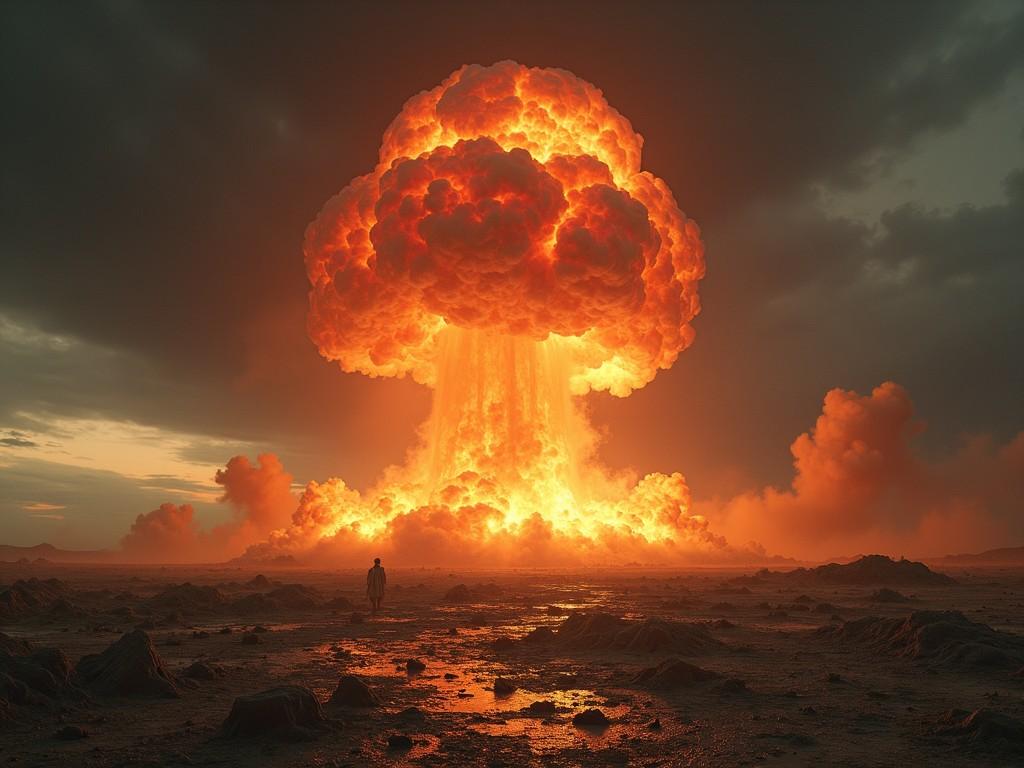 This image depicts a dramatic nuclear explosion in a desolate landscape. The scene features a massive mushroom cloud billowing into the sky, illuminated in vivid oranges and reds. The foreground shows a lone figure standing amidst the devastation, emphasizing the enormous scale of the explosion. Dark clouds loom ominously in the backdrop, creating a stark contrast with the fiery explosion. The overall atmosphere evokes feelings of chaos and despair, characteristic of apocalyptic scenarios.