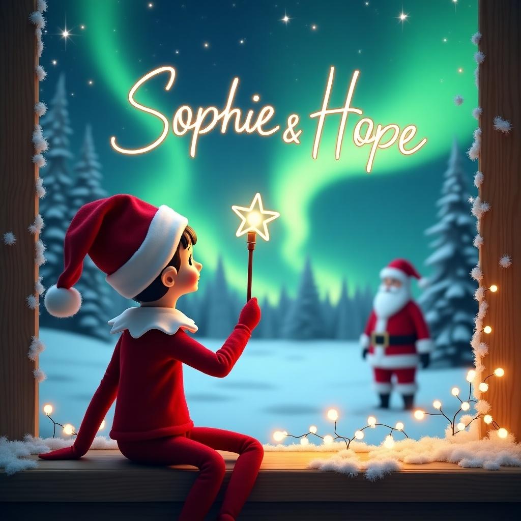 Wholesome Christmas scene with an elf observing the sky. Elf dressed in red and white, holds a wand writing names in the sky. Magical northern lights illuminate the snowy landscape. Santa Claus visible in the distance. 'Sophie & Hope' elegantly written in the sky. Atmosphere filled with joy and enchantment for the festive season.