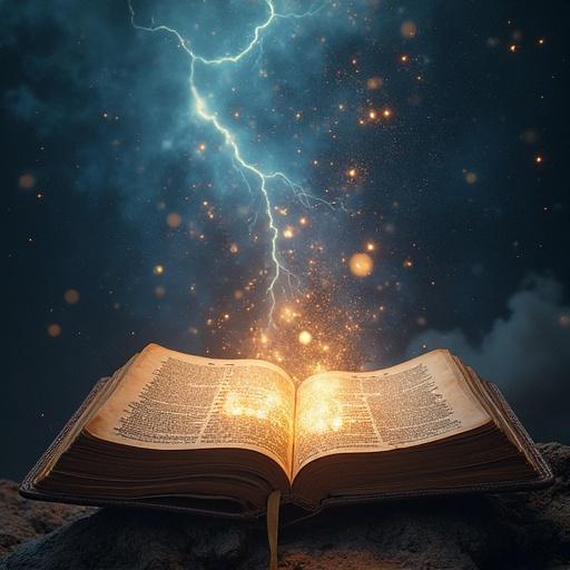 Fantasy scene featuring an open Bible. Glowing words emanate from the pages. Lightning strikes illuminate the surrounding clouds. Background is dark blue with sparkling stars. Book rests on rocky support.