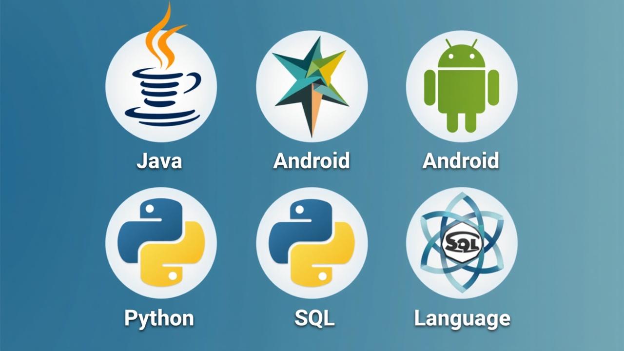 An illustration with icons of Java, Python, SQL, and Android, symbolizing programming and software development.