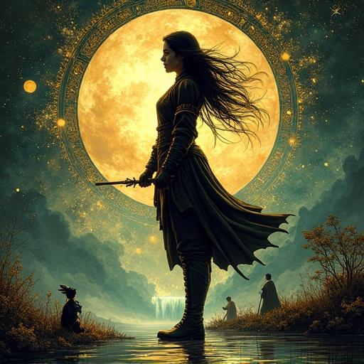 Side-view portrait of a black-haired wind-mage wearing a leather doublet and high canvas boots with emerald-gold straps. The mage towers over a glowing mother-of-pearl table while casting spirals of wind over a dark river. Fluorescent optics trace golden glyphs and the mage holds a scepter of nacre. Six visions emerge in ink strokes: a tiger at a waterfall, a guard kneeling to a queen, a starship racing toward a star, an awakening dragon, a cloaked figure handing a scroll, and a startled cat. Background features a cosmic nebula and intricate filigree details.