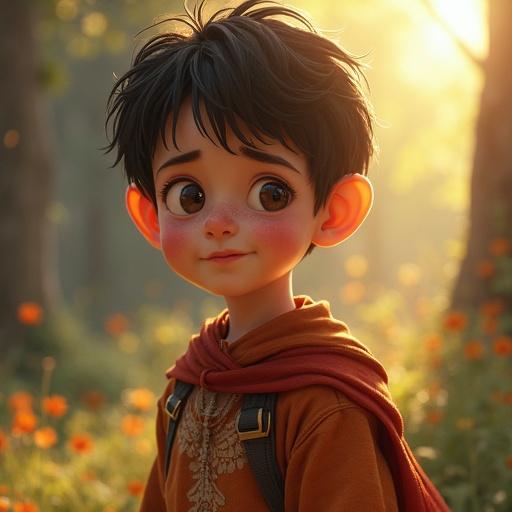 A young boy around six to eight years old with bright eyes and a joyful expression practices sword fighting. He wears a brown outfit with a red cloak. Background filled with warm sunlight and flowers. The boy shows excitement and innocence, reflecting a deep admiration for his father.