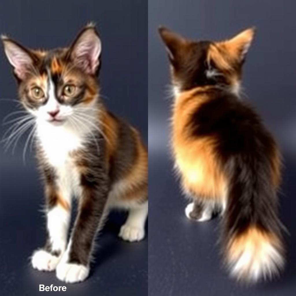 A beautifully colored kitten is shown front and back against a dark blue backdrop.