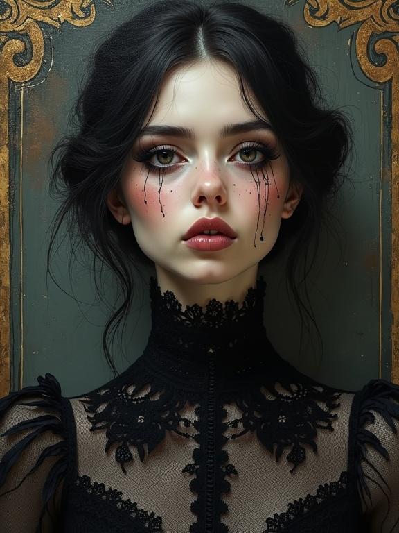 Close-up portrait of gothic female figure. Dressed in black lace dress with high collar. Contemplative expression with lips blowing kiss. Dark piercing eyes and pale skin contrast. Ornate dark background with Art Nouveau style. Dramatic lighting highlights face. Framed from low angle for emphasis. Photorealistic rendering with film grain.