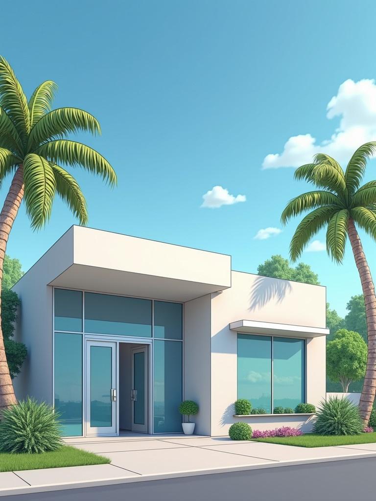 Modern dental care facility with large windows. Clean lines and welcoming design. Palm trees in the background. Clear blue sky above. Represents a general clinic atmosphere.