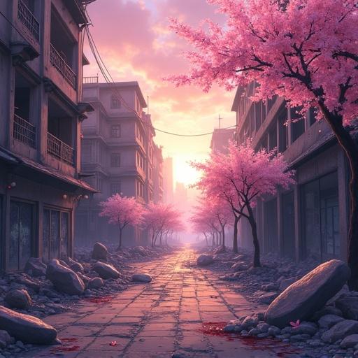 Anime-style ruined cityscape with shattered buildings and broken glass. Cherry blossoms are gently falling. Faint smoke drifts in the air. Subtle blood stains on the ground. Cinematic lighting illuminates the scene with a dreamy and moody atmosphere during sunset. The background is detailed and has semi-realistic shading.