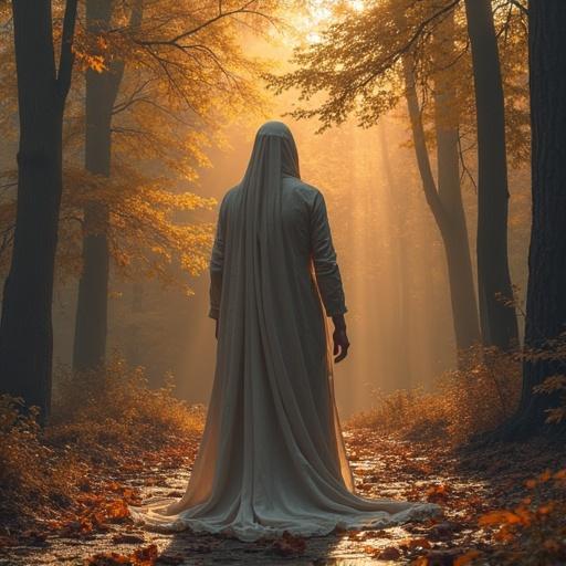 A figure in a flowing cloak stands in a misty forest during autumn. The scene is illuminated by golden sunlight filtering through the trees, bathed in serene and mystical vibes.