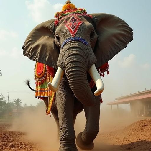 Strong large elephant wearing colorful festival attire. The elephant has stunning white tusks. Captured from a low angle perspective.
