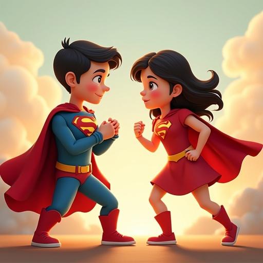 Cute animated characters in superhero costumes facing each other in a playful stance. High energy and vibrant colors create a joyful scene with clouds and warm lighting. Animated style emphasizes action and fun.