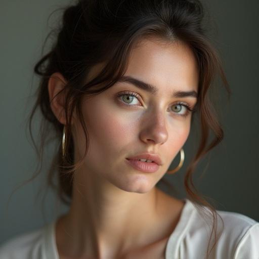 Photo of a woman with Slavic features and dark hair. She wears a plain white top. Focus on her face, shoulders, and upper chest. Her skin is smooth and glowing, with subtle makeup. Her dark expressive eyes and slightly wavy dark hair cascade naturally. Soft lighting creates realistic shadows that highlight her facial contours. The background is soft gray and modern, fitting for luxury cosmetics advertisements. Highly detailed cinematic photorealism inspired by Poutama Rincn.