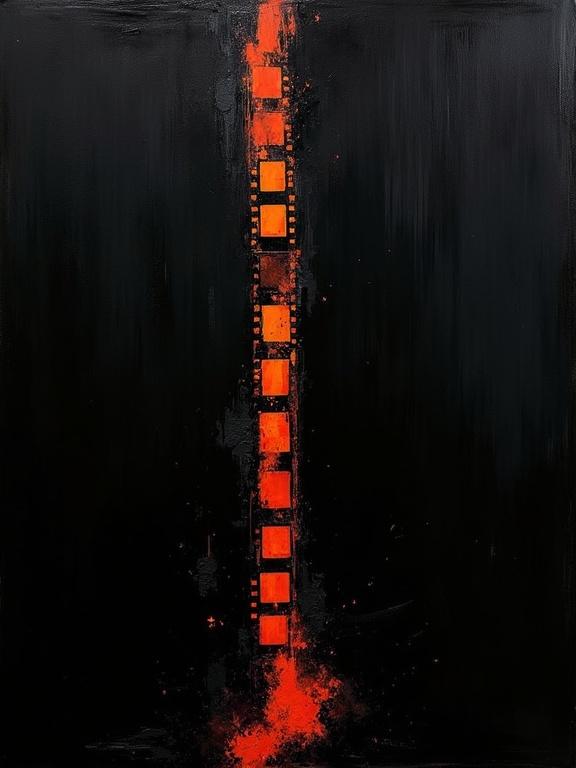 Digital oil painting on canvas depicts a stark black backdrop. Features bold strokes of red and orange resembling film negatives vertically aligned. Paint application showcases dynamic silhouettes with a minimalist approach. Shadows interact with cubist designs. Corners reveal signs of decay and erosion.