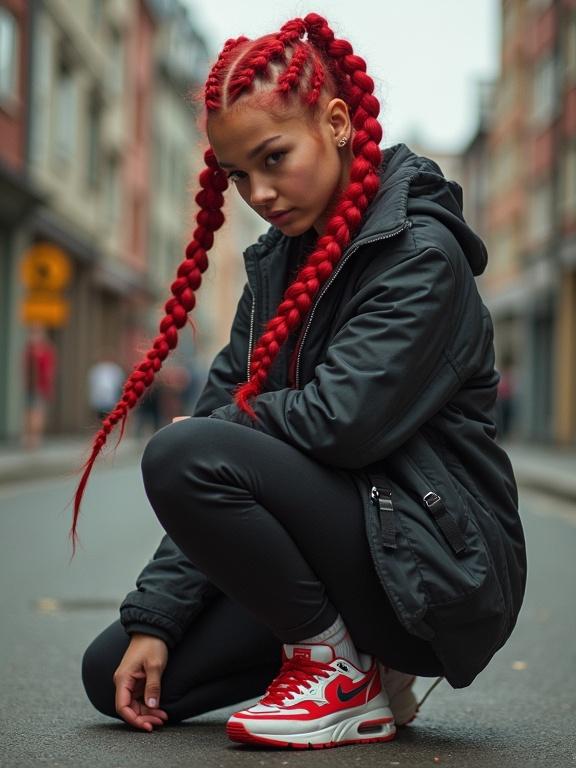 Gabber girl with braided red hair wears Nike Air Max. The girl is squatting in the street. The environment shows an urban setting. Street style is visibly present.