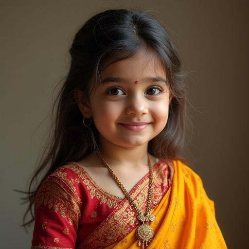 A young beautiful girl in a saree with pale skin and a charming smile. She has a chubby body and wears traditional Indian jewelry. The background is softly lit to enhance her features.