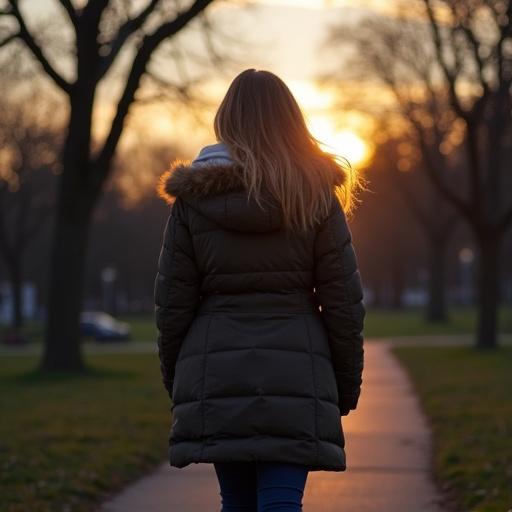 A woman walks alone in a park at sunset. She wears a jacket that offers little warmth. The atmosphere is chilly and contemplative. Her body language reflects a sense of uncertainty about her future. Others are present but she feels detached. She's in search of a clearer identity.