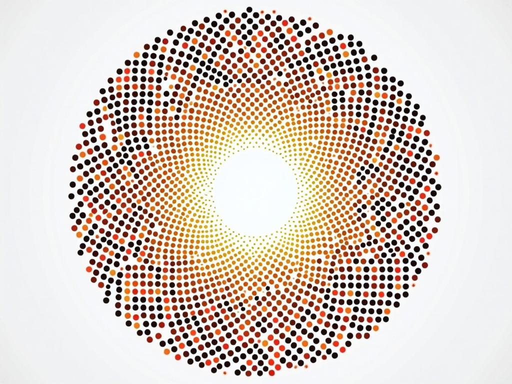 This image features a circular arrangement of colored dots, creating a mandala-like design. The dots radiate outward in a spiral fashion, forming a vibrant and symmetrical pattern. At the center, there is a white space that draws the eye. The colors transition from red to orange to black, creating depth and warmth. This artwork would be suitable for various applications including modern decor, digital backgrounds, and graphic design.