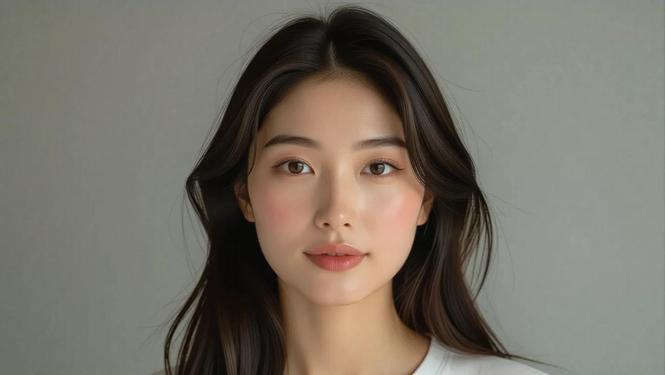 Ultra-realistic photograph of a woman with long black hair and minimal makeup. She has a gentle expression and calm demeanor. The image is taken with high-resolution quality.