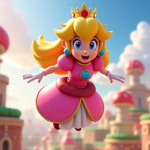 Princess Peach in pink gold battle outfit performing a powerful jump. Confident expression with a shining crown. Realistic 3D animated style. Flowing blonde hair. Dramatic lighting from a low angle. Background shows colorful Mushroom Kingdom with bright sky.