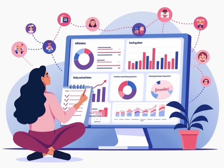 A modern digital illustration showing TikTok creator analyzing dynamic analytics dashboard filled with graphs video views engagement metrics audience insights. Floating around icons representing key metrics watch time likes shares link clicks alongside trend arrows showing growth improvement. A checklist labeled Optimization Plan hovers nearby while a roadmap connects data points to future content ideas symbolizing how analytics guide strategy continuous improvement.
