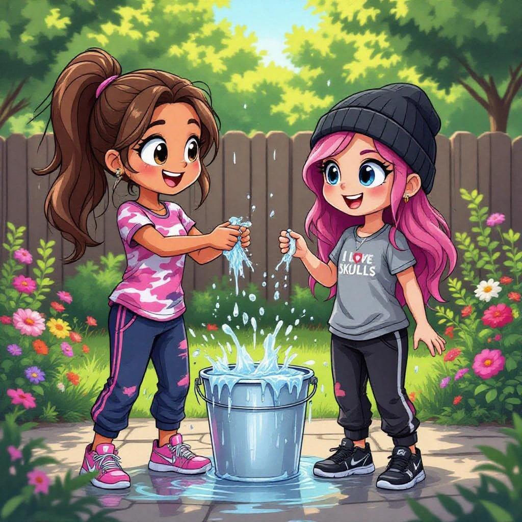 Two cartoon girls in a garden doing the ice bucket challenge. One has long dark blonde hair in a ponytail and wears a pink camouflage shirt with navy-blue pants. The other has pink hair and wears a black beanie with a grey shirt that says 'I Love Skulls'. They are playing with water and soaking wet.