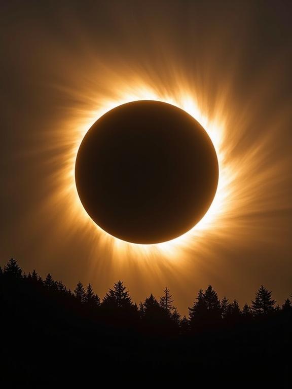 A breathtaking total solar eclipse depicted with a perfect black circle for the Moon blocking the Sun. The solar corona shines in white and pale gold, creating a vivid contrast against the dark silhouettes of trees at the horizon under a dusky gray-brown sky. Baily's Beads and chromosphere at the lower rim enhance the drama of the event.