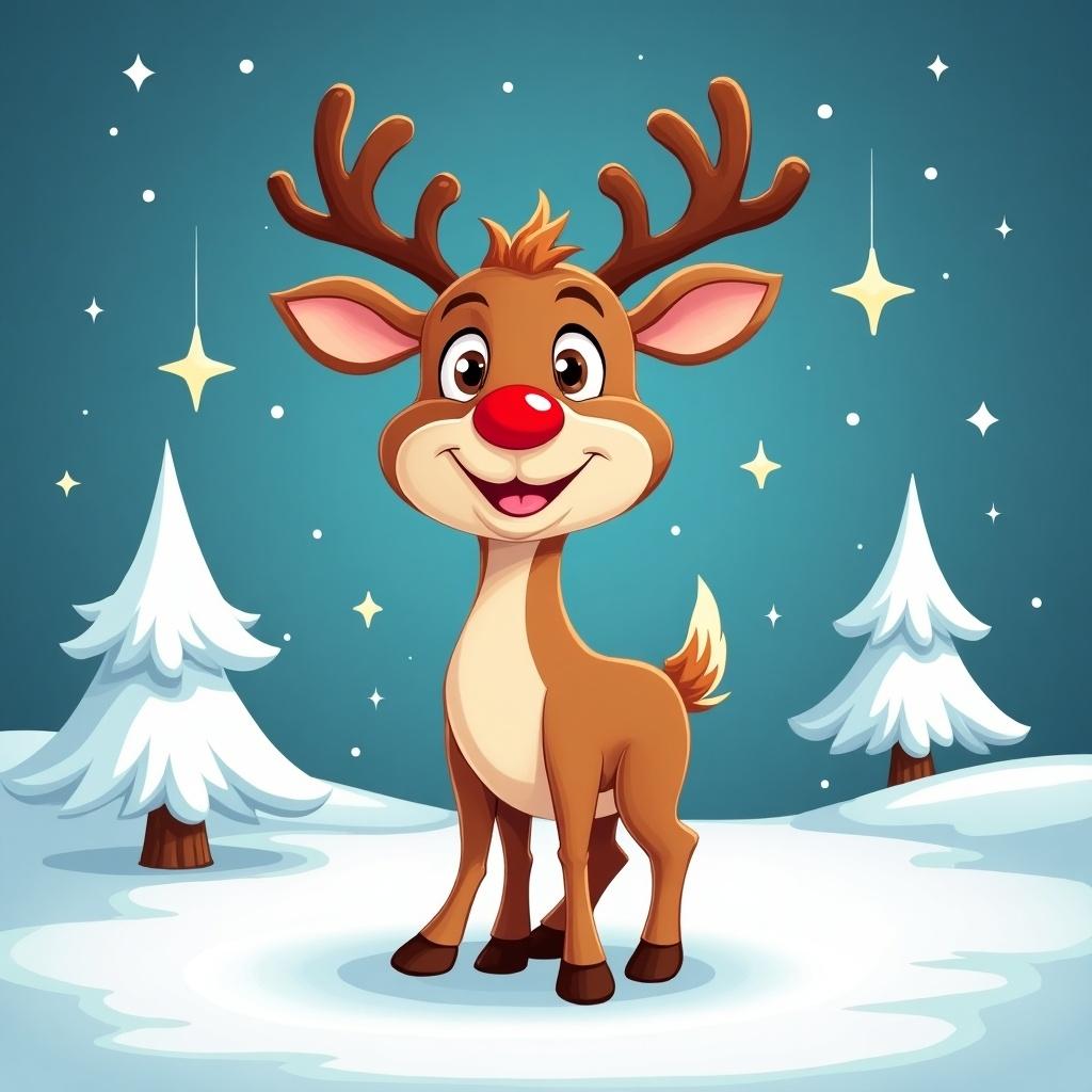 Cheerful cartoon reindeer stands on a snowy landscape. Bright stars twinkle in the background. Prominent red nose and playful expression invites viewers. Fluffy white Christmas trees surround the reindeer. Colors are vibrant and festive for holiday cheer.