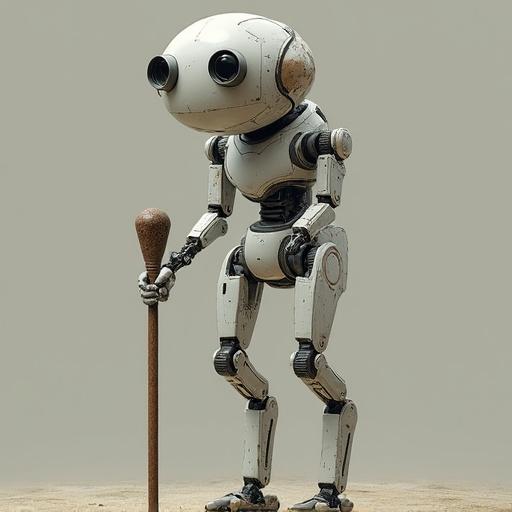 Cane robot standing with a cane in a sand-colored environment. The robot features big expressive eyes and a friendly demeanor.