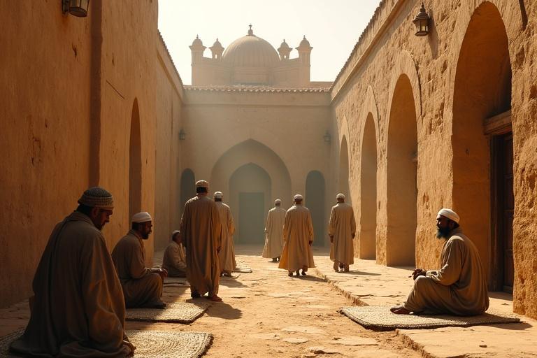 A gathering of Muslim men in a dusty courtyard. They wear long robes, turbans, and keffiyehs. The buildings are made of clay and stone. The architecture shows domes and arches. Some men sit on woven mats. Others walk through narrow alleys. The atmosphere feels spiritual. Lighting is soft, with golden sunlight filtering through the arches.