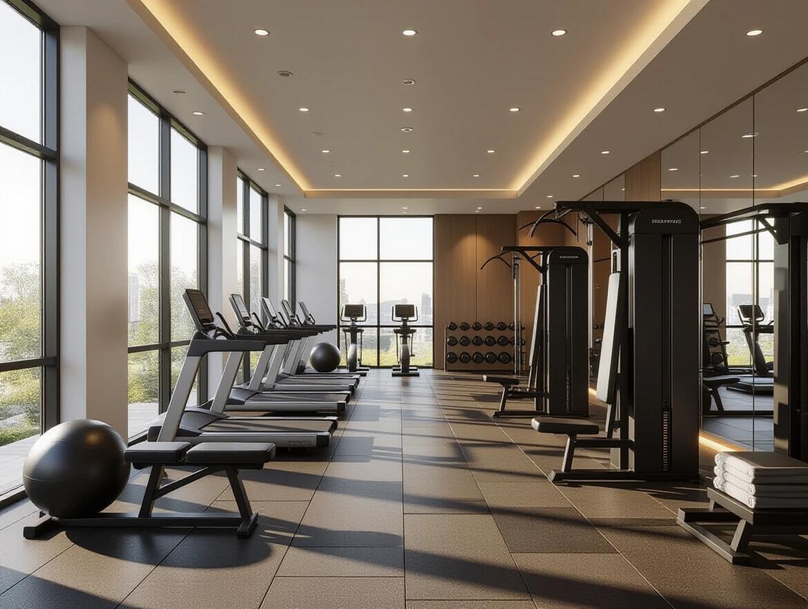 Indoor gym designed for luxury. Floor-to-ceiling windows provide natural light. Premium fitness equipment arranged in a neat layout. Matte black and chrome machines featured. Rubberized flooring with geometric patterns visible. Warm lighting in a flat ceiling creates ambiance. Full-length mirrors reflect the space. Design combines wood and metal elements. Towels stacked neatly awaiting use. Soft daylight creates natural shadows. Atmosphere feels calm and energizing