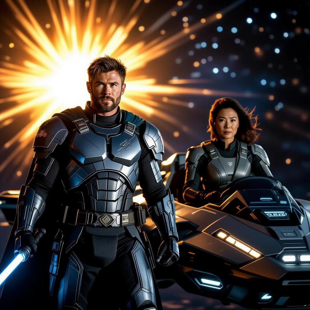 Solar-powered troopers in futuristic armor show readiness. Chris Hemsworth wields light-sabers. Michelle Yeoh pilots a solar craft. Bright solar explosion sets heroic scene against dark space backdrop.