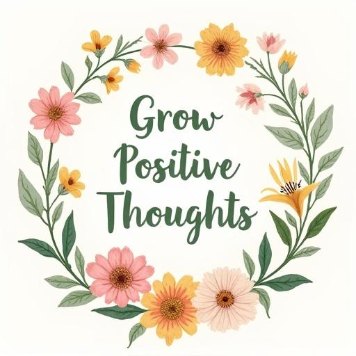 Delicate boho-style wildflower bouquet illustration. Features soft pink, yellow, and green flowers with thin leaves. Arranged in a circular frame. Text 'Grow Positive Thoughts' in handwritten cursive font, colored muted sage green. Vintage, cottagecore aesthetic with slightly distressed texture. High-resolution, optimized for t-shirt printing.
