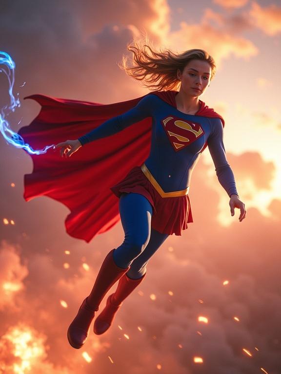 Supergirl flies at high speed with a flowing cape. She is surrounded by a blue glowing trail. She appears alarmed and is shouting something. The background shows a transforming distributor with an apocalyptic pink-orange sky.