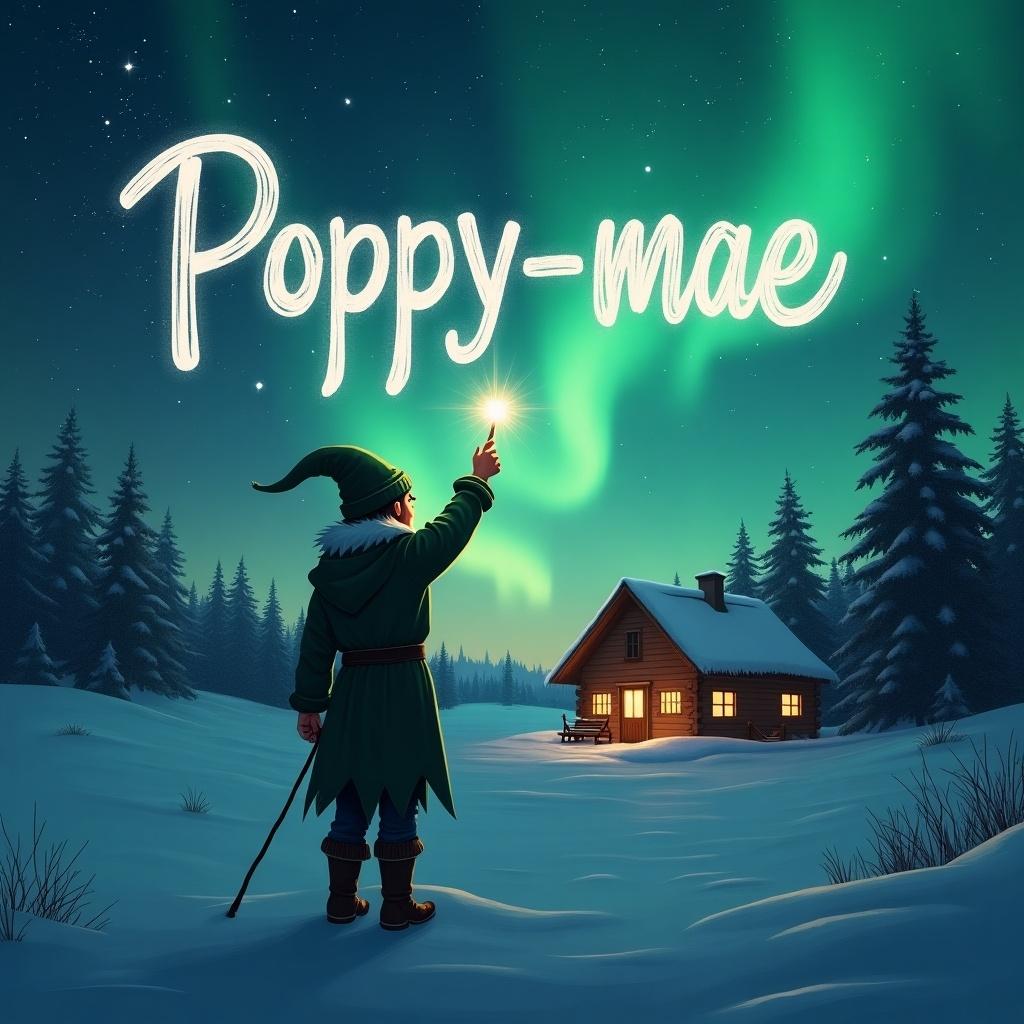 Elf stands with back to viewer. Elf writes names in the air with a wand. Background shows magical northern lights and cozy cabin. Name Poppy-mae is inscribed in the sky.